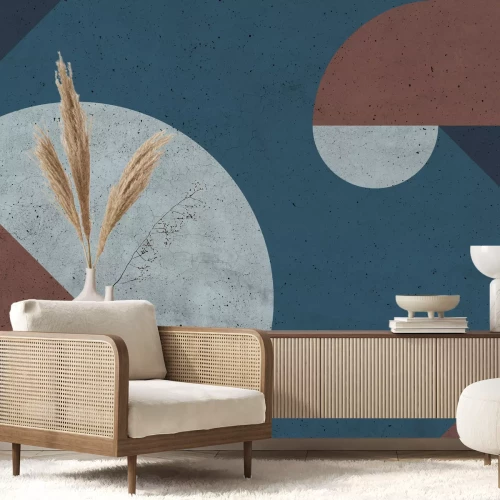 Fotobehang Geometrische compositie met marineblauw accent en betonstructuur