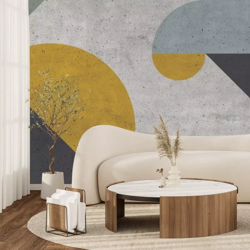 Fotobehang Geometrische compositie met geel accent en betonstructuur