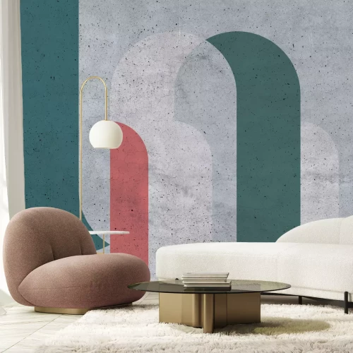 Fotobehang Configuratie met levend koraalkleur op betontextuur