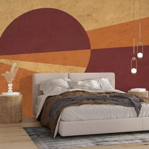 Fotobehang Cirkel en driehoeken in oranje tinten met betonstructuur