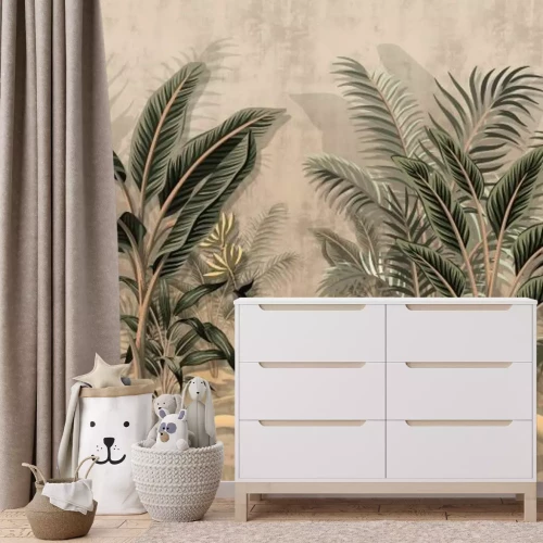 Fotobehang Tropische bananenbomen en andere palmbomen in het regenwoud