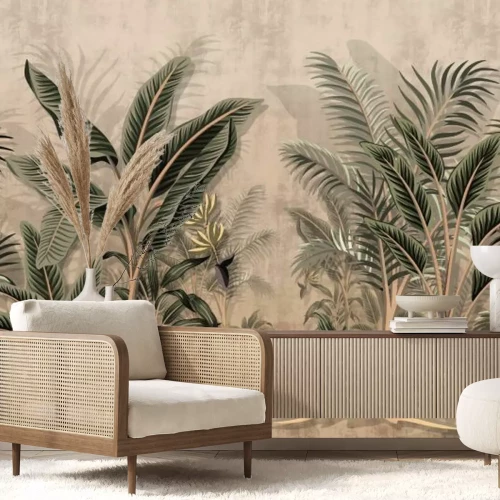 Fotobehang Tropische bananenbomen en andere palmbomen in het regenwoud