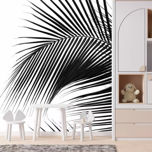 Fotobehang Zwart-wit motief met palmbladeren