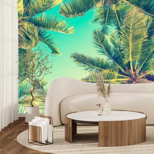 Fotobehang Palmboomkronen tegen een turquoise lucht, perspectief van onderaf