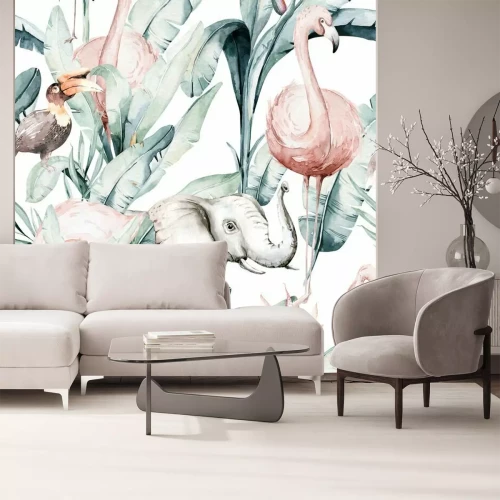 Sticker Olifanten en exotische vogels tussen de bladeren