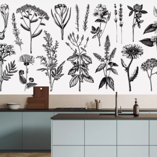 Fotobehang Zwart-wit patroon van wilde planten en kruiden