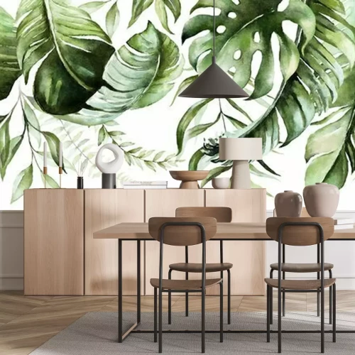 Fotobehang Green tropical leaves on white background. Watercolor hand painted seamless border. Floral tropic illustration. Jungle foliage pattern.