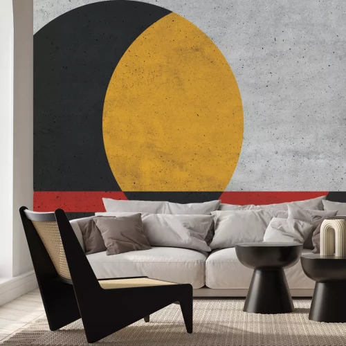 Fotobehang Zwart-gele cirkel met rode elementen met betonstructuur