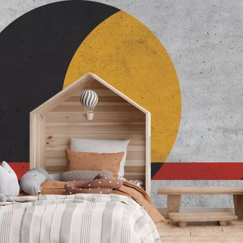 Fotobehang Zwart-gele cirkel met rode elementen met betonstructuur