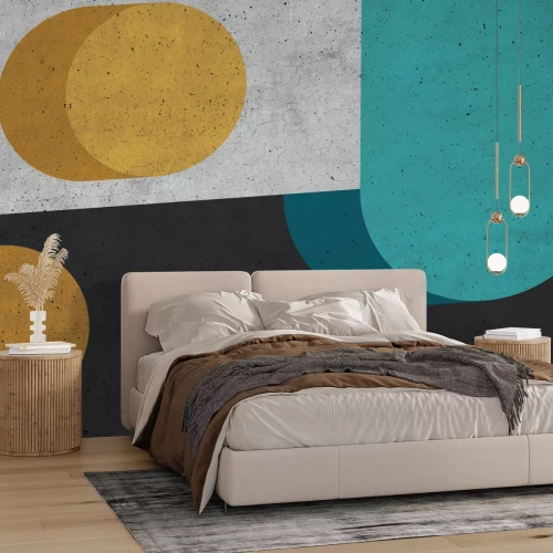 Fotobehang Geel-turquoise compositie op betontextuur