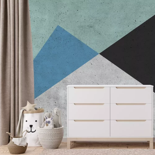 Fotobehang Ongelijkzijdige driehoeken met overheersend groene tinten op betonnen achtergrond