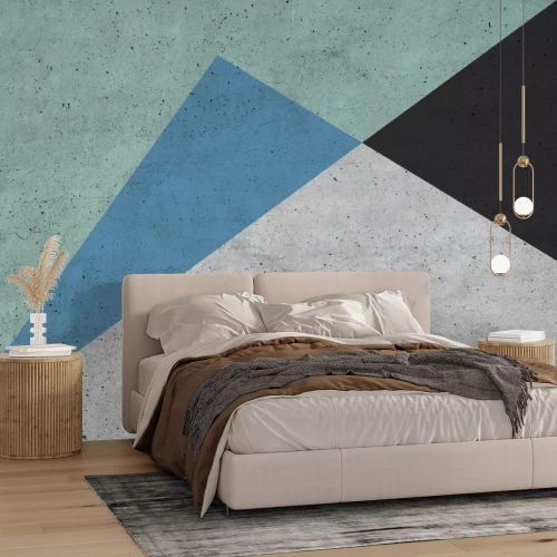 Fotobehang Ongelijkzijdige driehoeken met overheersend groene tinten op betonnen achtergrond