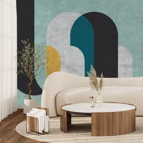 Fotobehang Cilindrische figuren met geel element en betoneffect