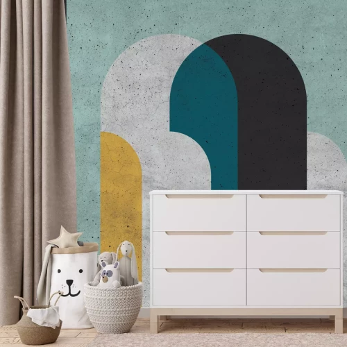 Fotobehang Cilindrische figuren met geel element en betoneffect