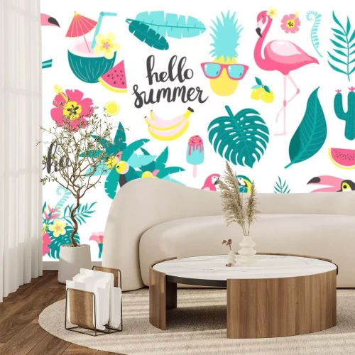 Sticker Summer set of design elements tropical leaves, flowers, fruits, flamingos, toucan, parrot. Vector illustration