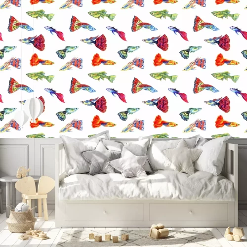 Behang Kleurrijke aquariumvissen geschilderd met waterverf