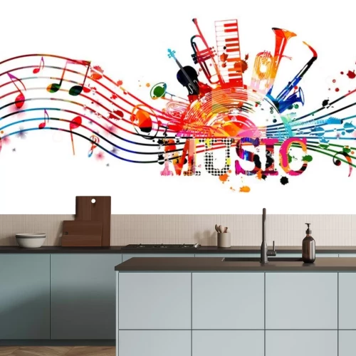 Sticker Colorful music promotional poster with music instruments and notes isolated vector illustration. Artistic abstract background for live concert events, music show and festival, party flyer design