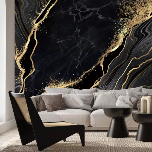 Fotobehang Zwart marmer met gouden lijnen