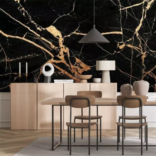 Fotobehang Zwart marmer met gele barsten