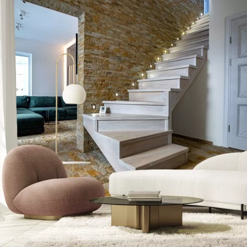 Sticker Stylish wooden contemporary staircase inside loft house interior. Modern hallway with decorative limestone brick walls and white oak stairs.