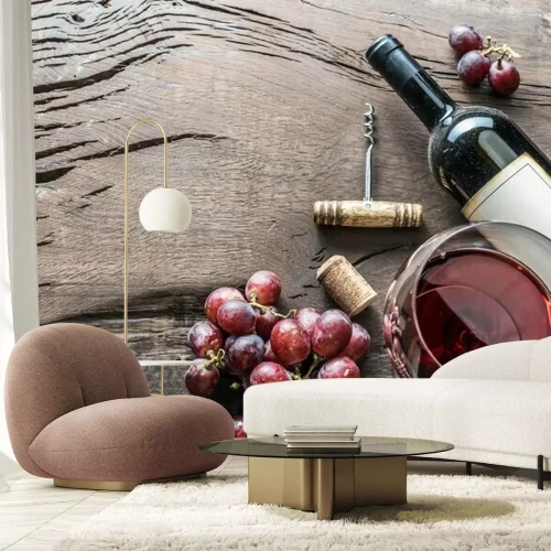 Fotobehang Fles glas en rode wijn