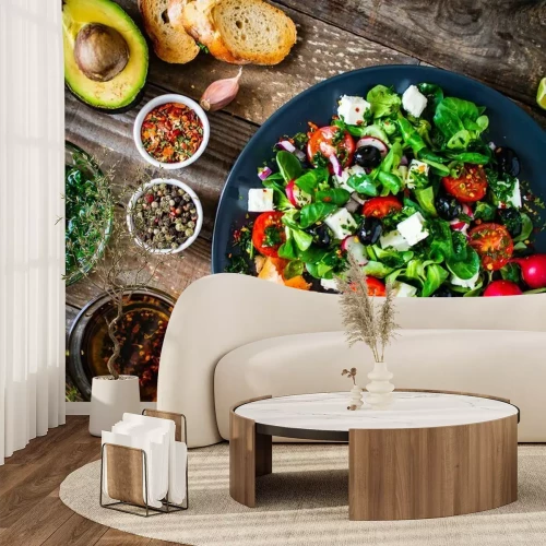 Fotobehang Breakfast - smoked salmon, feta cheese, avocado and vegetable salad on wooden table 