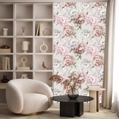 Behang Roze pioenrozen en witte elegante pastel