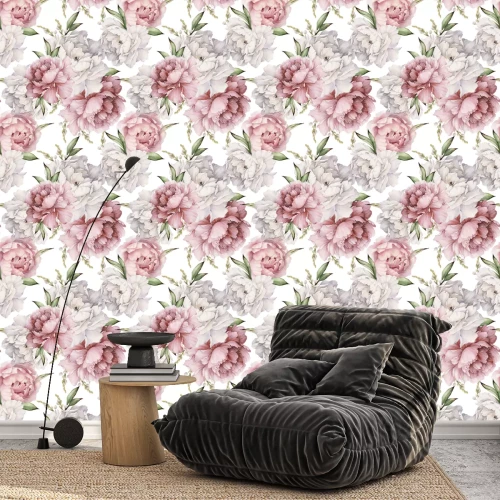 Behang Pioenrozen wit en poederroze afbeelding
