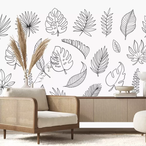 Sticker Tropical Leaves in doodle style. Vector hand drawn black line design elements. Exotic summer botanical illustrations. Monstera leaves, palm, banana leaf.