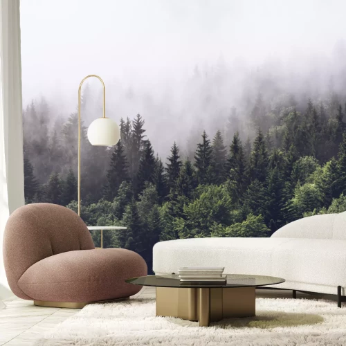 Fotobehang Beboste berghellingen in hoge mist