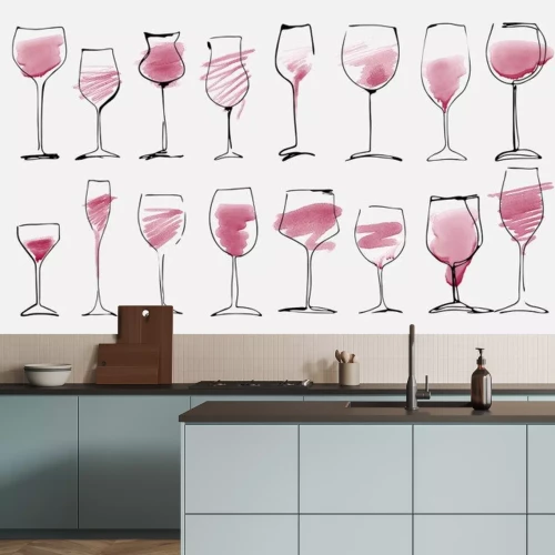Sticker Watercolor and hand drawn sketch of wine glasses set with red wine. Wine glass collection isolated on white, art design.