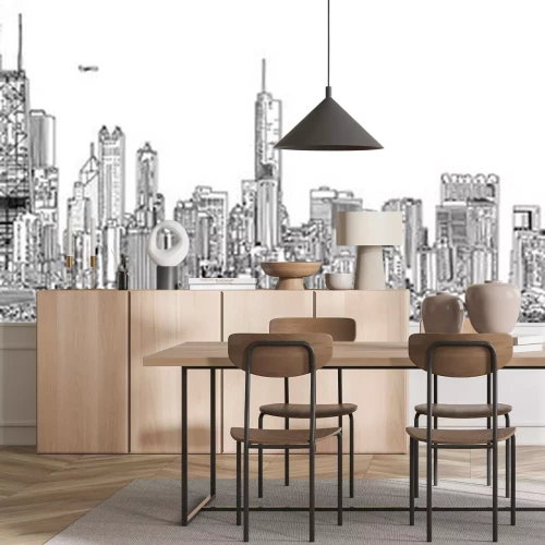 Sticker Hand drawn illustration. Panorama of the Chicago skyline. Detailed ink look and feel. Black and white.