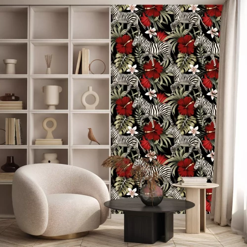 Behang Zebra's en rode hibiscusbloemen