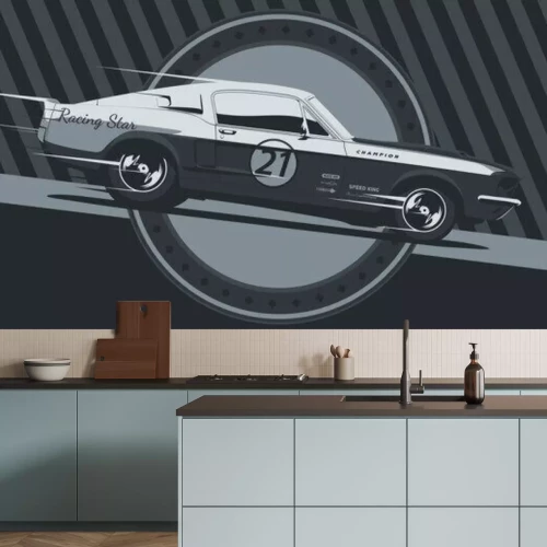 Fotobehang Muscle car on racing, vintage colors, vector illustration.