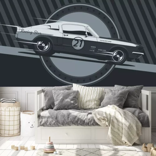 Fotobehang Muscle car on racing, vintage colors, vector illustration.