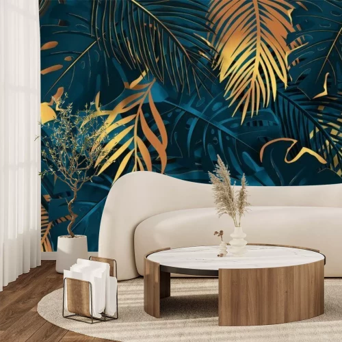 Fotobehang Gold and dark vector turquoise tropical leaves on dark background. Exotic botanical background design for luxury brands.