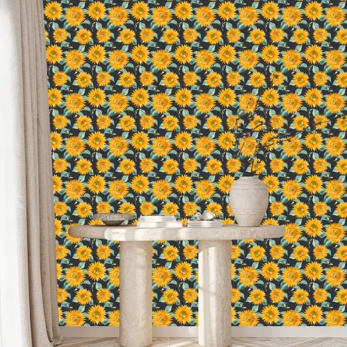 Behang Beautiful vector seamless pattern with watercolor hand drawn sunflowers. Stock summer illustration.