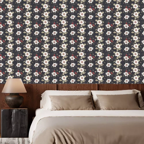 Behang Luxury seamless pattern. Blooming magnolia tree and little cute birds.