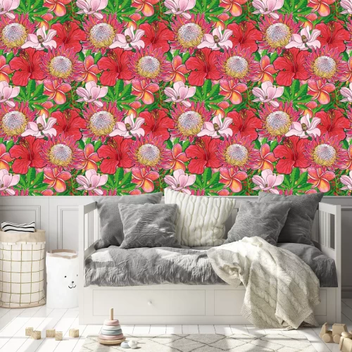 Behang Tropical flowers seamless pattern with hand drawn exotic blooms of hibiscus, protea, magnolia and plumeria with green palm leaves. Colorful floral vector illustration in sketch style.