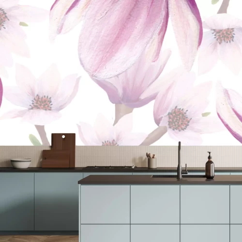 Fotobehang horizontal border with hand painted magnolia