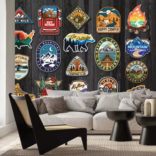 Sticker Set of Vintage Outdoor Summer Camp Logo Patches on Wood board. Hand drawn and vector emblem designs. Great for shirts, stamps, stickers logos and labels.