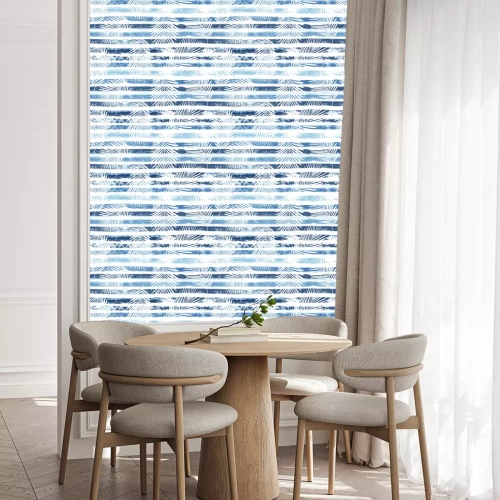 Behang Witte bladeren op marineblauwe strepen