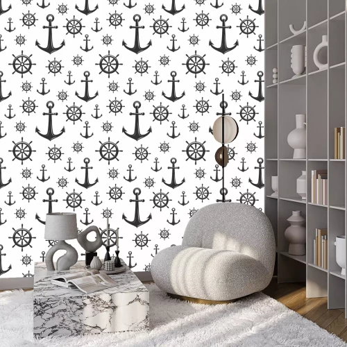 Behang Nautical seamless pattern with black helms and anchors on white.