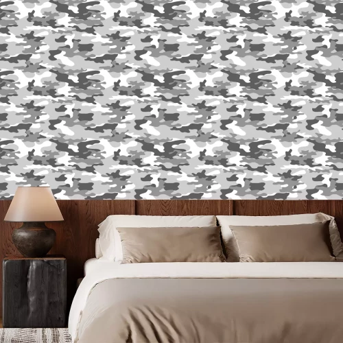 Behang 
Gray camouflage seamless pattern on textiles. Military background. Vector