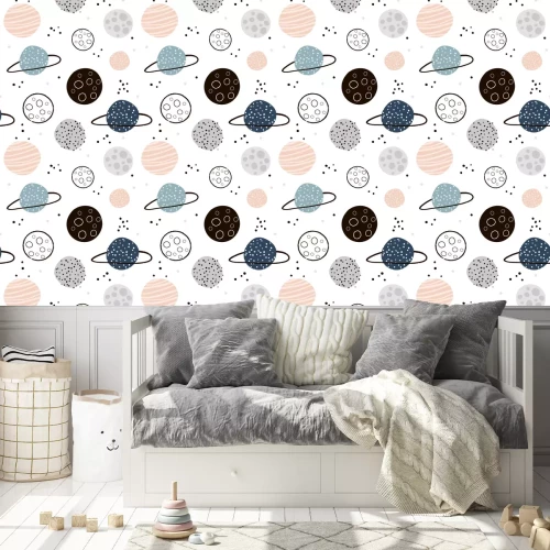 Behang Childish seamless pattern with hand drawn space elements space, planets. Trendy kids vector background.