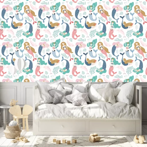 Behang Kleurrijke zeemeerminnen met dolfijnen