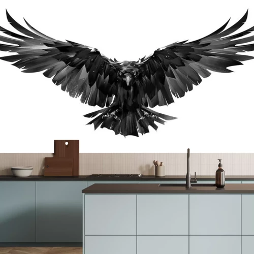 Sticker painted raven bird in flight on a white background