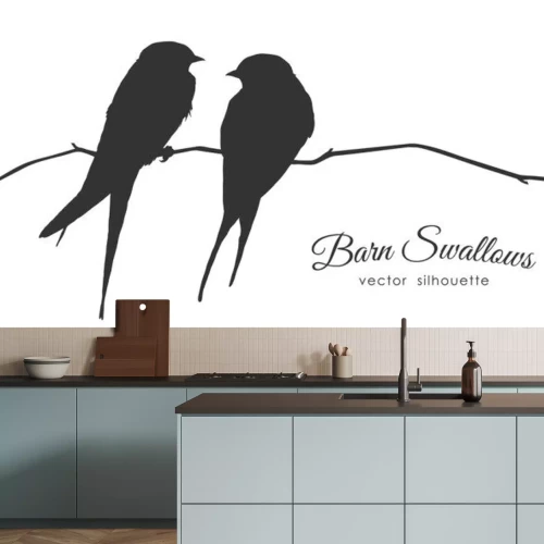 Sticker Zwart-wit tekening van twee vogels op een dun takje