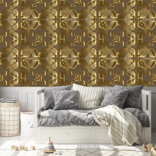 Behang Gold lines 3d seamless pattern. Line art patterned ornamental grid background. Gold intricate lines vintage ornaments. 3d wallpaper. Floral repeat design with lines flowers. Luxury lace texture