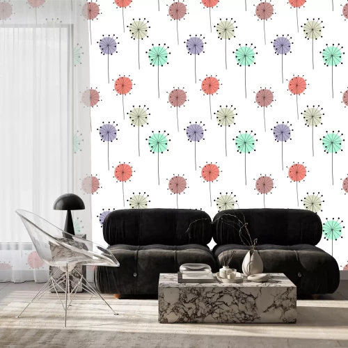 Behang Minimalistische paardebloemen op kleurrijke stippen